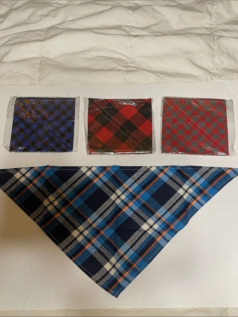 4 Plaid Cotton Pet Bandanas - Blue, Red, and Navy Assorted nip